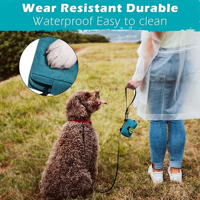 PetBonus Dog Poop Bag Holder, Portable Pet Waste Bag Dispenser, 2 Pouches for Treats and Walking Accessories, Fit All Leashes, Includes 1 Roll of Dog Poop Bags (Lagoon Blue)