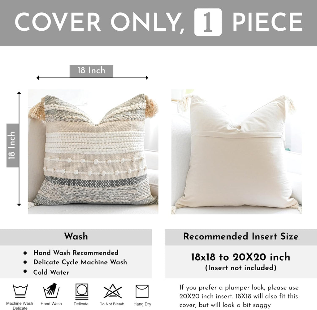 BlissBlush Gray Boho Throw Pillow Cover 18x18 Grey Decorative Accent Pillow for Couch Square Woven Textured Pillowcase Modern Farmhouse Pillow for Bed Bohemian Pillow Cover (Pack of 1)