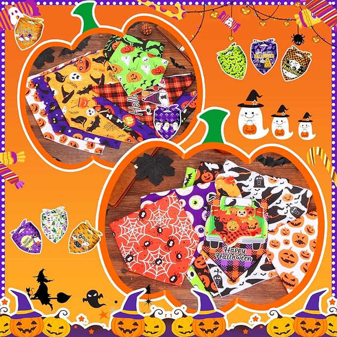 120Pcs Halloween Dog Bandanas Bulk Adjustable Dog Scarves Bibs Pumpkin Bat Ghost Puppy Bandanas Pet Neckerchief Washable Holiday Halloween Bandanas for Small Medium Large Dog Pet Grooming Accessories