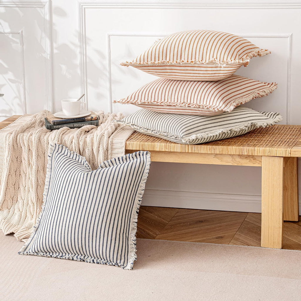MIULEE Pack of 2 Navy Blue Pillow Covers 18x18 Inch Striped Farmhouse Couch Throw Pillow Covers with Fringe Chic Linen Decorative Cushion Covers for Sofa Living Room Bed Outdoor Home Decor