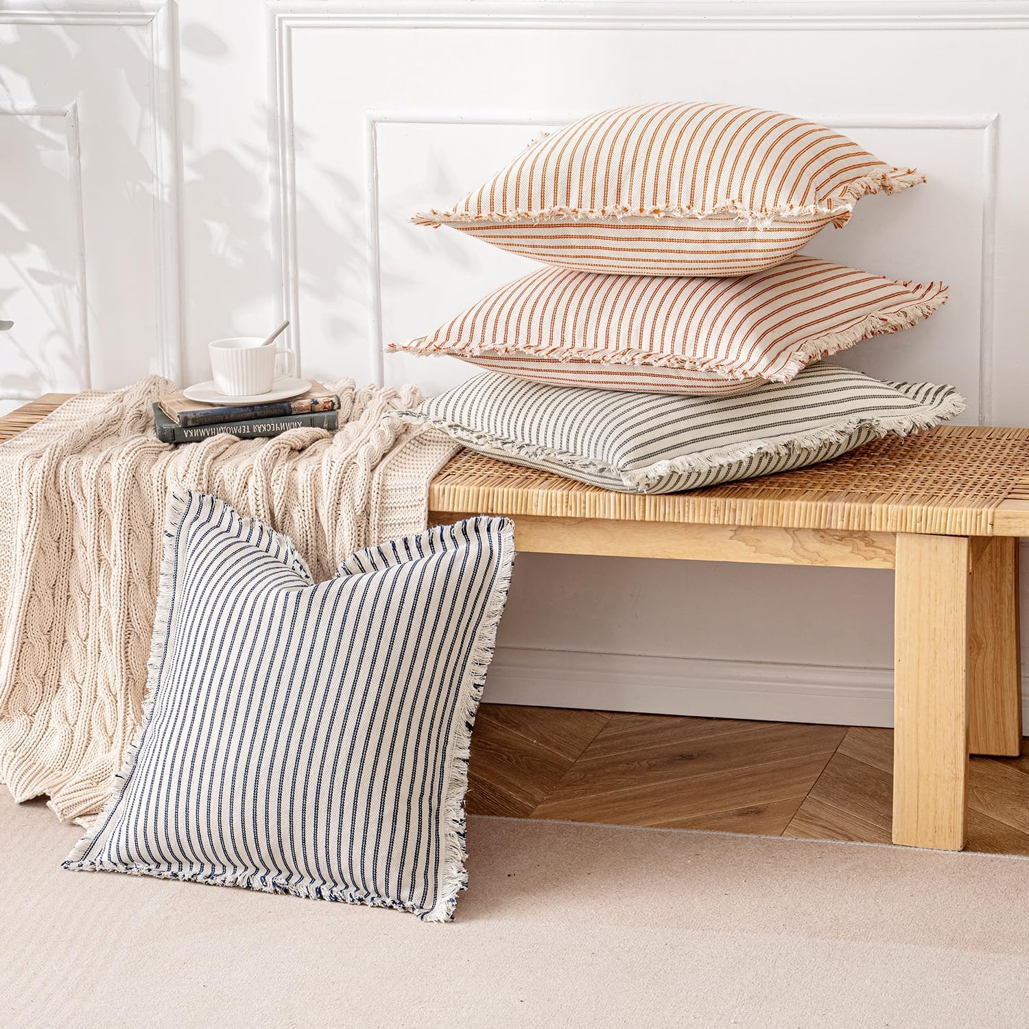 MIULEE Pack of 2 Navy Blue Pillow Covers 18x18 Inch Striped Farmhouse Couch Throw Pillow Covers with Fringe Chic Linen Decorative Cushion Covers for Sofa Living Room Bed Outdoor Home Decor