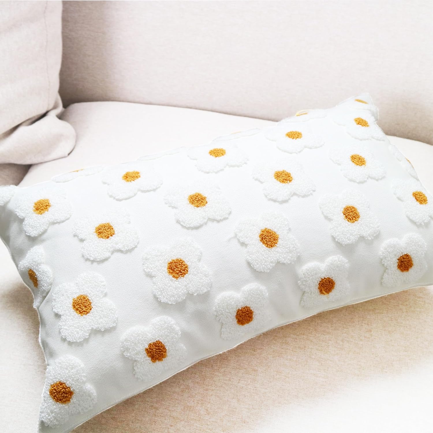 DECOBIRD Embroidery Throw Pillow Cover 12x20 Beige Floral Design Home Decor Loop Embroidered Pillow Case Thick Cotton Canvas Square Cushion Cover for Couch 30x50cm, 4 Petal Flowers 1 Piece