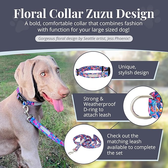 Lucky Love Dog - Adjustable Dog Collar with Easy Click Buckle for Small to Large Dogs, Durable, & Comfortable Collar for Male & Female Dogs, Pet Collar for Puppies & Adult Dogs - Zuzu, Large