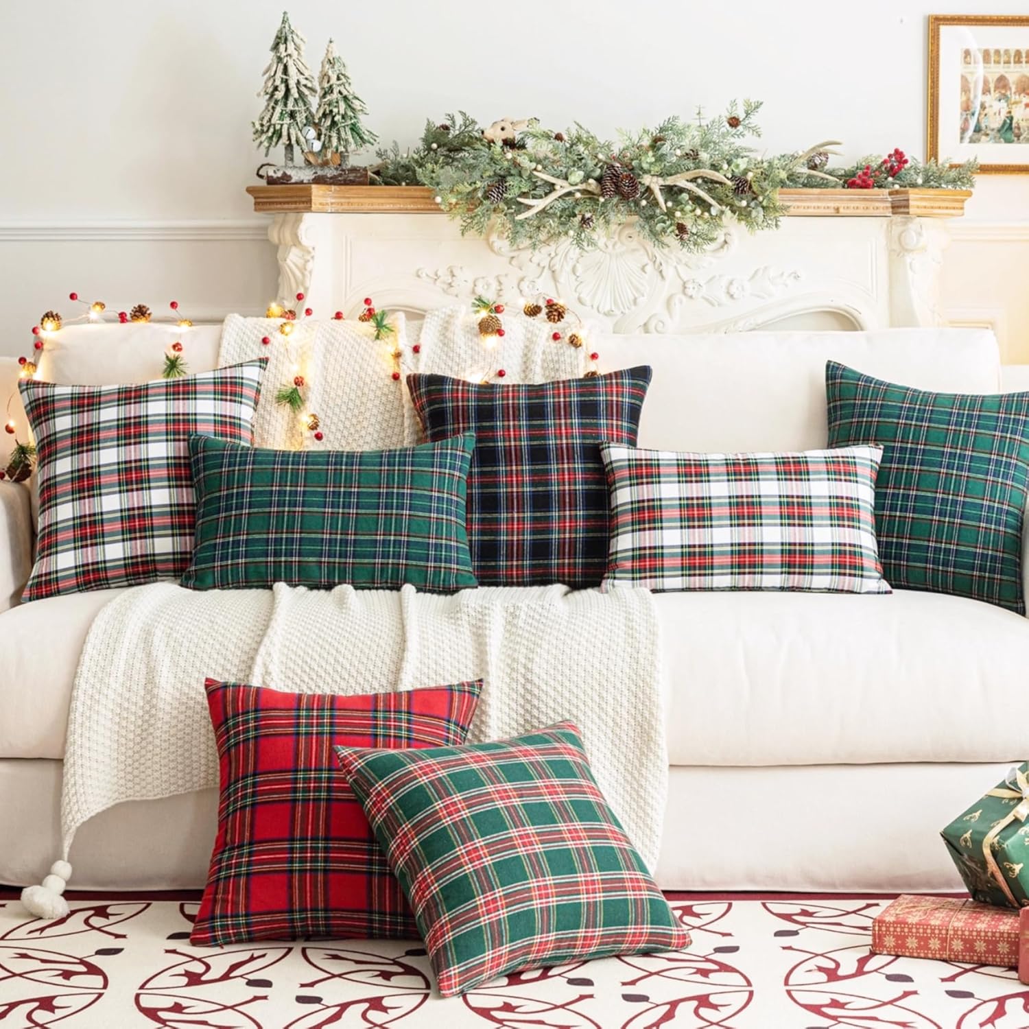 AQOTHES Pack of 2 Christmas Plaid Decorative Throw Pillow Covers Scottish Tartan Cushion Case for Farmhouse Home Holiday Decor Red and Black, 12 x 20 Inches