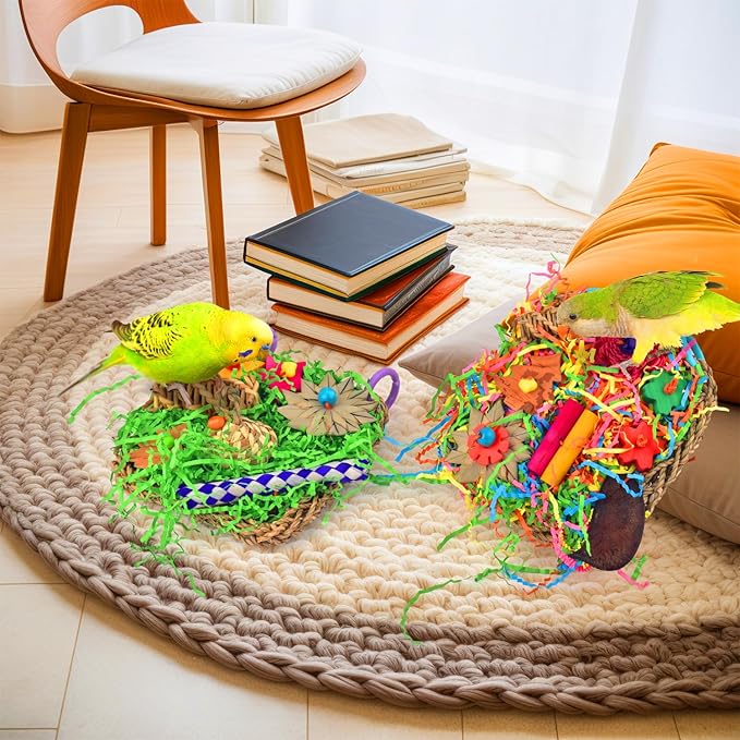 KATUMO Bird Toys - Parrot Grass Mat Foraging Wall Toys Shredder for Cockatiel, Conure, Lovebird, Budgie, Parakeet - Small Medium Birds