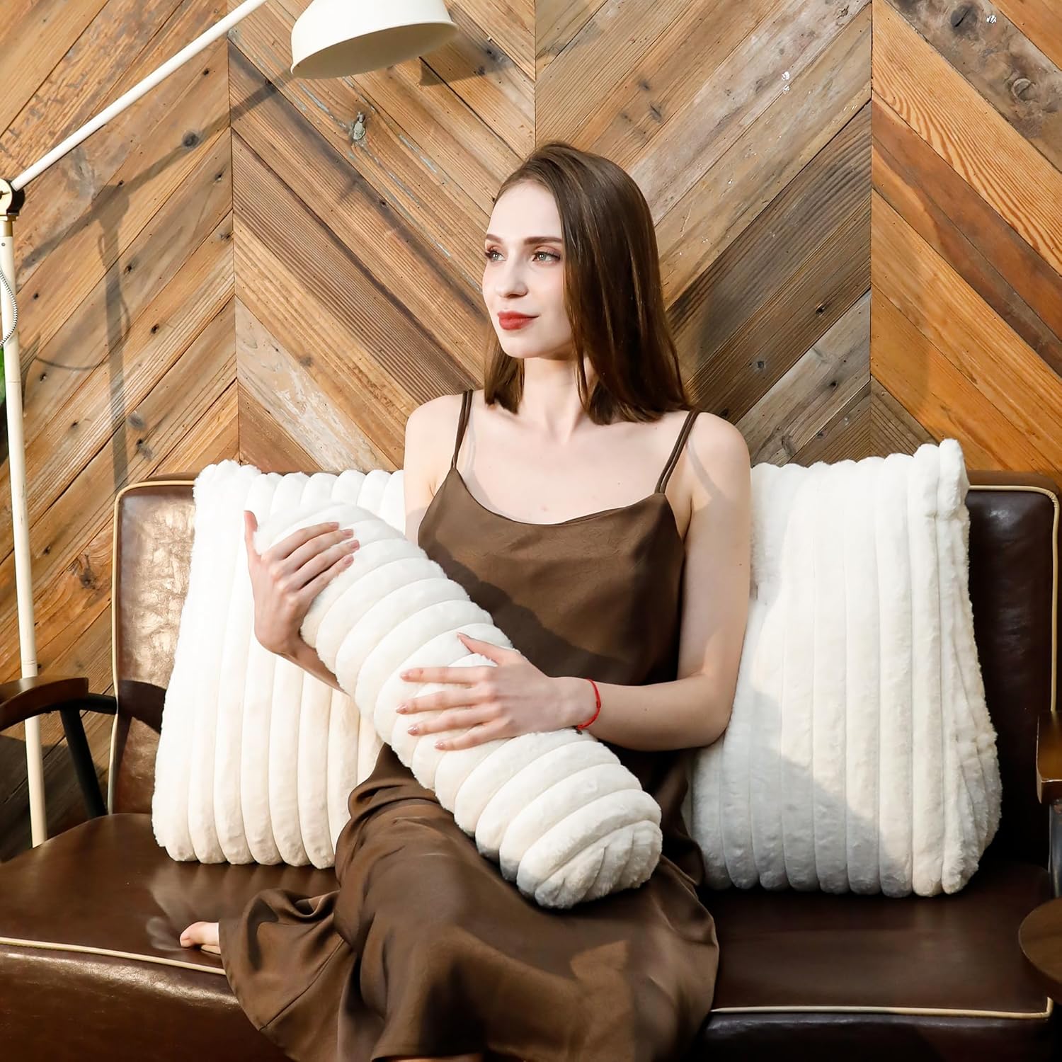 Faux Fur Headboard Pillow Twin Size, Triangular Wedge Backrest with Removable Head Roll & Side Pocket, 100% Linen Reading Pillow for Bed, Couch, Floor - Ergonomic Support for Neck, Back, Ivory