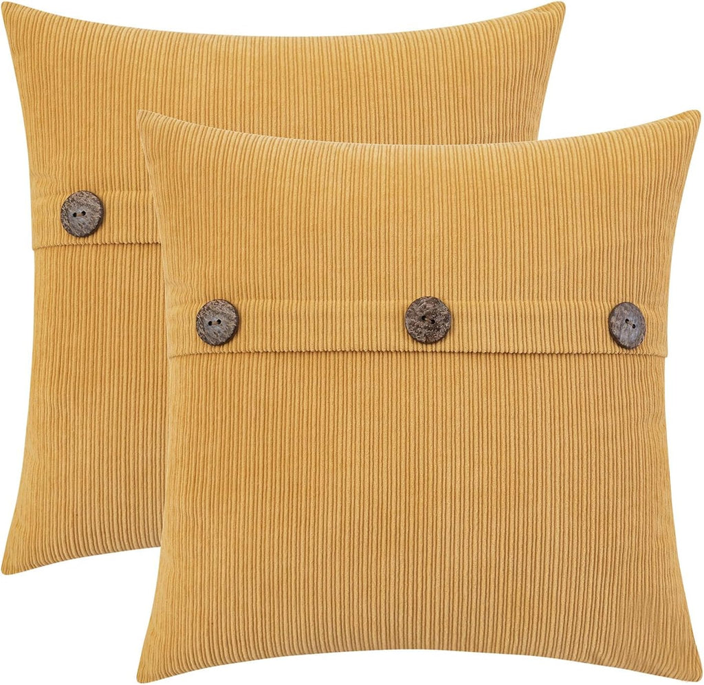 HWY 50 Mustard Yellow Chenille Throw Pillow Covers 18x18 Inch with Triple Buttons, Soft Farmhouse Accent Decorative Cushion Cases for Couch Sofa Bed Living Room Pack of 2