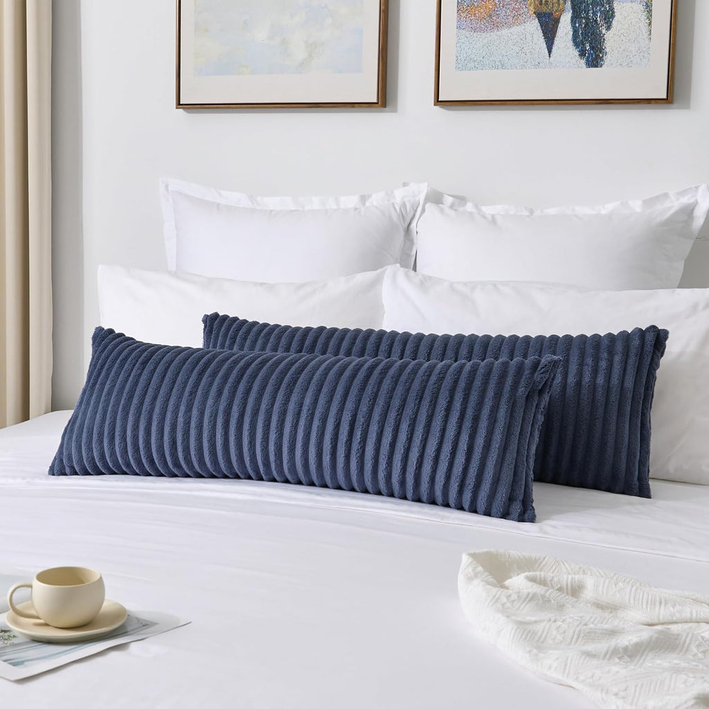 Kevin Textile Soft Plush 12x24 Inch Lumbar Pillow Cover 1 Pack, Luxury Fluffy Faux Fur Striped Flannel Rectangle Cushion Case for Couch Sofa Chair Bed Home Decor, Grey Blue