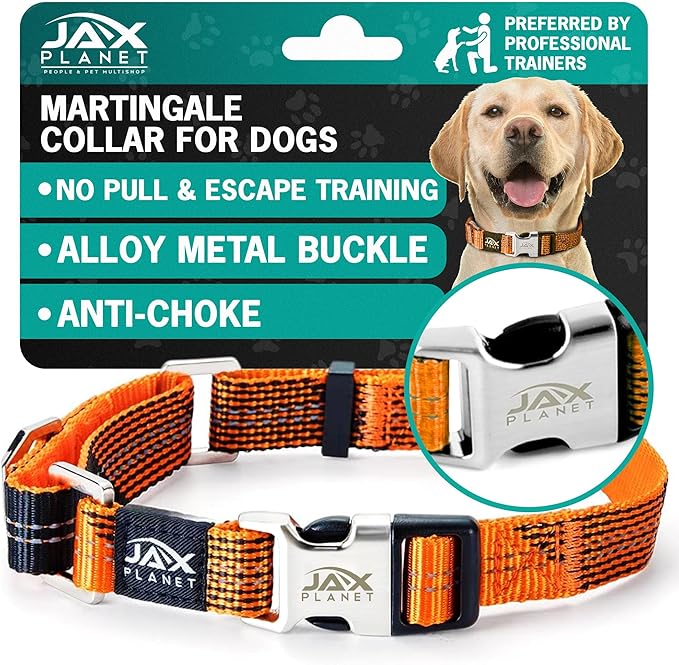 Orange Martingale Collar for Dogs - Heavy Duty Nylon Pet Collars for Escape-Free, No Pull Training & Walking with Alloy Metal Release Buckle & Reflective D Ring, One Time Adjustment, Safe & Secure, M