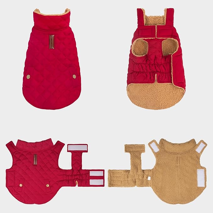 azuza Dog Jacket Waterproof & Windproof Dog Coat for Small Dogs with Thick Fleece, High Collar with Leash Hole, Adjustable Velcro & Elastic Belly, Red XL
