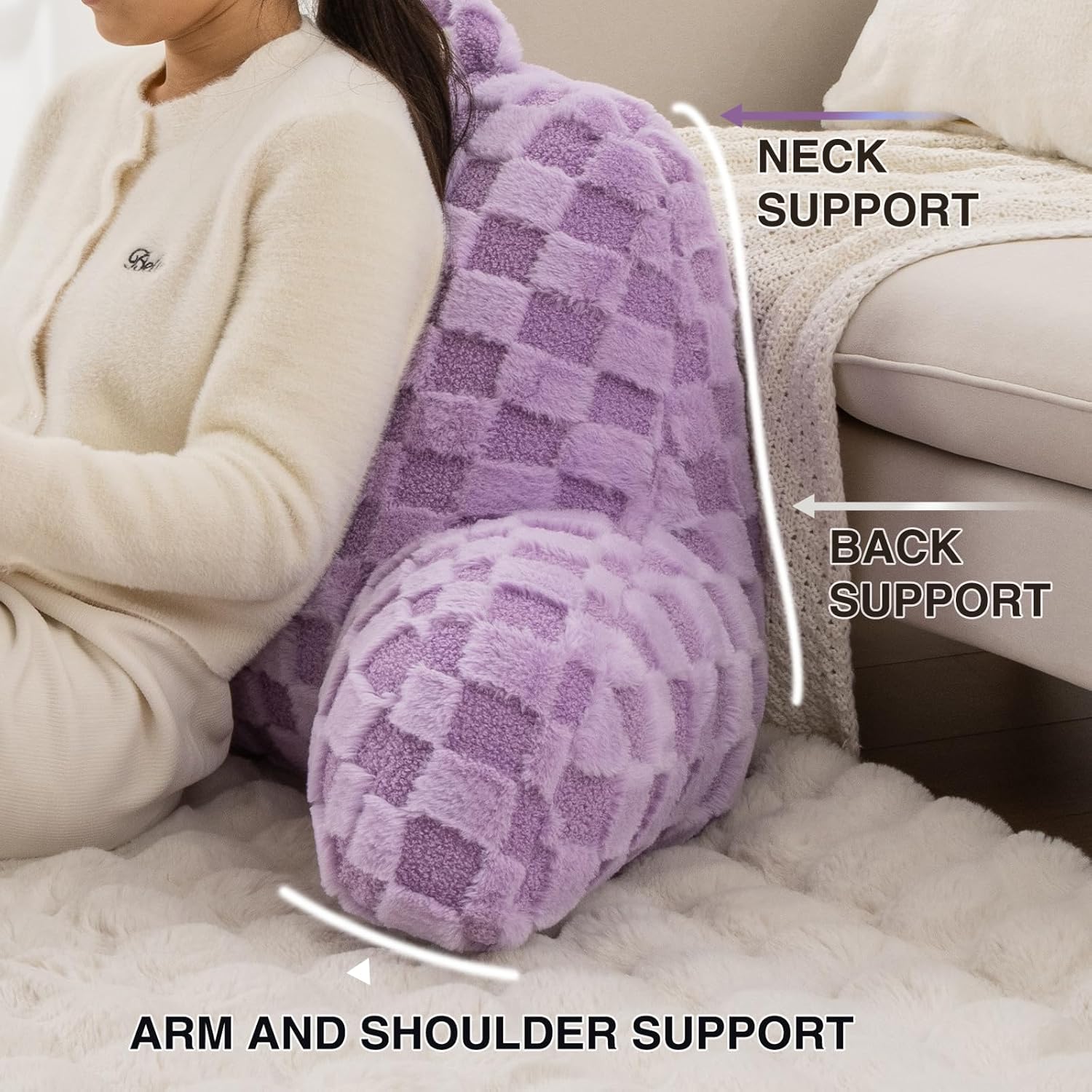 A Nice Night Faux Fur Reading Pillow,Checkered Fluffy Grid Plaid,Bed Wedge Pillow Large Adult Children Backrest with Arms for Bedrest,Purple