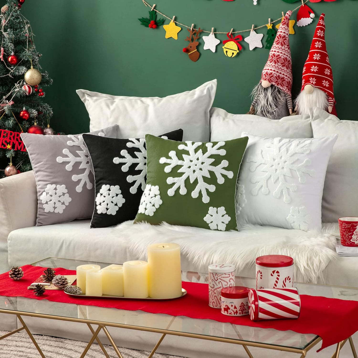 MIULEE Pack of 2 Christmas Decorative Snowflake Throw Pillow Covers Canvas Embroidery Winter Cushion Cases Holiday Decor Soft Pillowcases for Winter Couch Sofa Bedroom Car（Army Green, 18x18in）