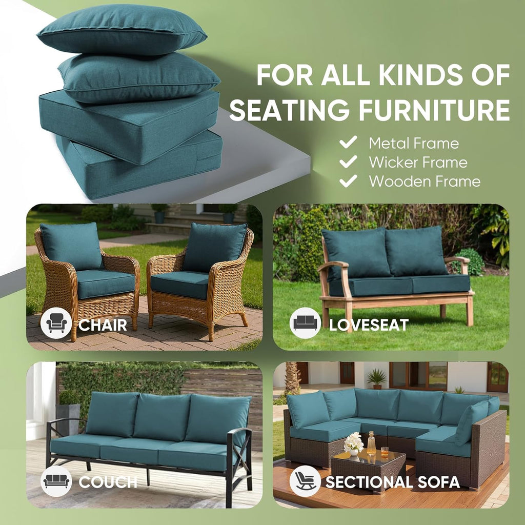 Outdoor Chair Cushion Set, 24x24 Waterproof Patio Chair Cushions, 6" Thickened Seat Cushion for Outdoor Chairs and Couch, Include 1 Back & 1 Seat Cushion, Thick/PeacockGreen