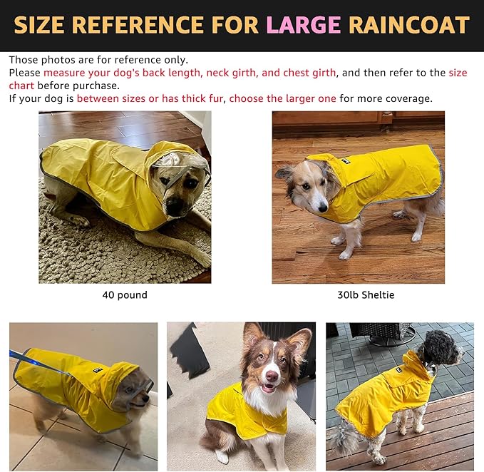 SlowTon Dog Raincoat, Adjustable Dog Rain Jacket Clear Hooded Double Layer, Waterproof Poncho with Reflective Strip Straps and Storage Pocket for Small Medium Large Dog (Yellow L)