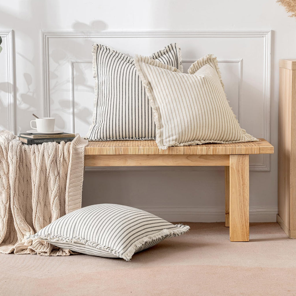 MIULEE Pack of 2 Khaki Pillow Covers 18x18 Inch Striped Farmhouse Couch Throw Pillow Covers with Fringe Chic Linen Decorative Cushion Covers for Sofa Living Room Bed Outdoor Home Decor