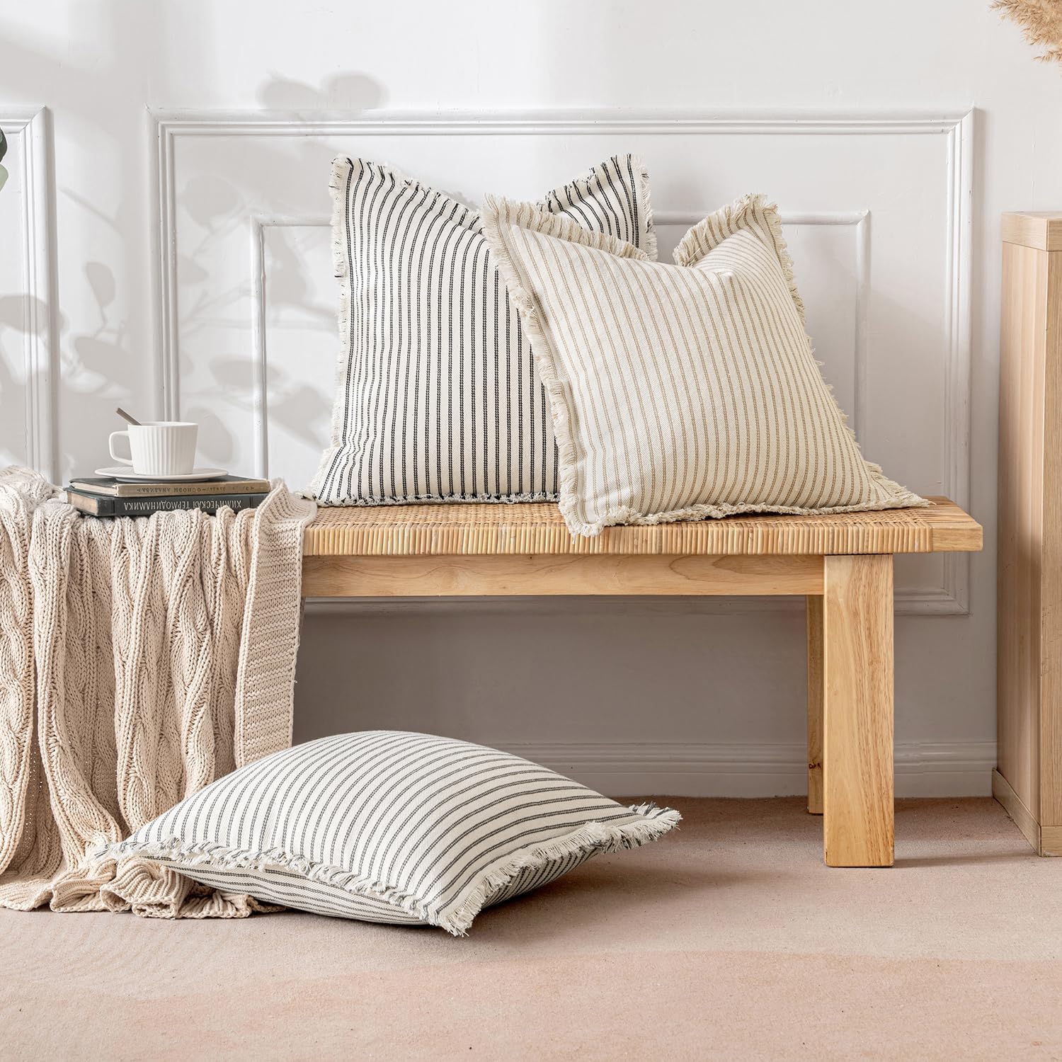 MIULEE Pack of 2 Khaki Pillow Covers 24x24 Inch Striped Farmhouse Couch Throw Pillow Covers with Fringe Chic Linen Decorative Cushion Eruo Sham for Sofa Living Room Bed Outdoor Home Decor