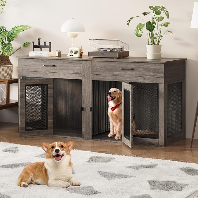 71 Inch Dog Crate Furniture for 2 Dogs，XXL Thick Wooden Double Kennel TV Stand w/Removable Divider - Heavy Duty Indoor Cage for Large Breeds (Gray, 71L* 23.6W* 33.5" H)