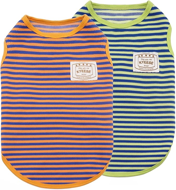 KYEESE 2Pack Dog Shirts Striped for Small Pets Soft Stretchy Puppy T-Shirts Lightweight Canine Tank Top Sleeveless Pet Vest Breathable, X-Large, Orange+Green