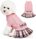 WOYYHO Girl Dog Sweater Dress with Bowtie Turtleneck Small Dogs Sweater with Leash Hole, Knitted Small Dog Sweaters Dress Puppy Winter Clothes for Yorkies Chihuahua (Large, Pink)