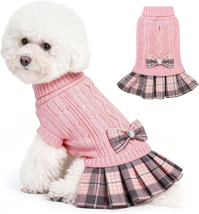WOYYHO Girl Dog Sweater Dress with Bowtie Turtleneck Small Dogs Sweater with Leash Hole, Knitted Small Dog Sweaters Dress Puppy Winter Clothes for Yorkies Chihuahua (Large, Pink)