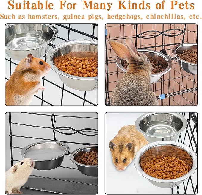 kathson Stainless Steel Bird Bowls for Cage, 2 PCS Metal Pet Food Water Dishes with Holder Feeder Cage Coop Hook Feeder Cups for Birds, Parrots, Small Sized Dogs and Cats (6.7 Inch Dia)
