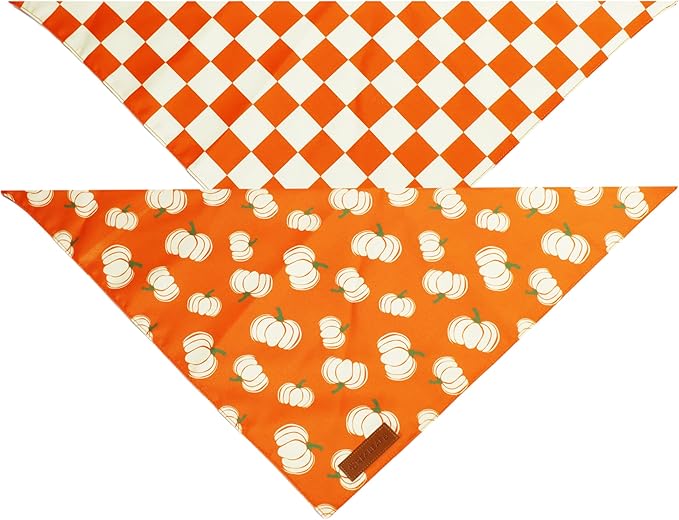 Realeaf Thanksgiving Fall Dog Bandanas 2 Pack, Orange Plaid Pumpkin Pet Scarf for Boy and Girl, Premium Durable Fabric, Holiday Halloween Bandana for Large and Extra Large Dogs(Fall, X-Large)