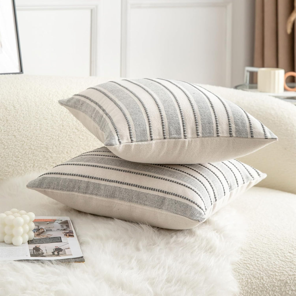Decorative Boho Throw Pillow Covers, Farmhouse Textured Pillow Case, 22 x 22 Inch Set of 2, Chair Sofa Bedroom Living Room Home Decor Couch Cushion Case, Grey and Beige Striped