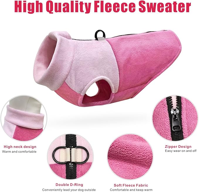 Idepet Dog Fleece Vest Sweater Zip Up Warm Pullover Dogs Jacket with D-Ring Leash Winter Cold Weater Coat Pet Sweatershirt Clothes Hoodie for Small Medium Dogs Boy Girl (Pink/Rose Red, L)