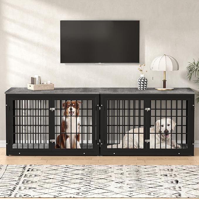48 Inch Heavy Duty Dog Crate Furniture for Large Dogs, Decorative Pet House End Table, Extra Large Wooden Cage Kennel Furniture Indoor, Black and Gray