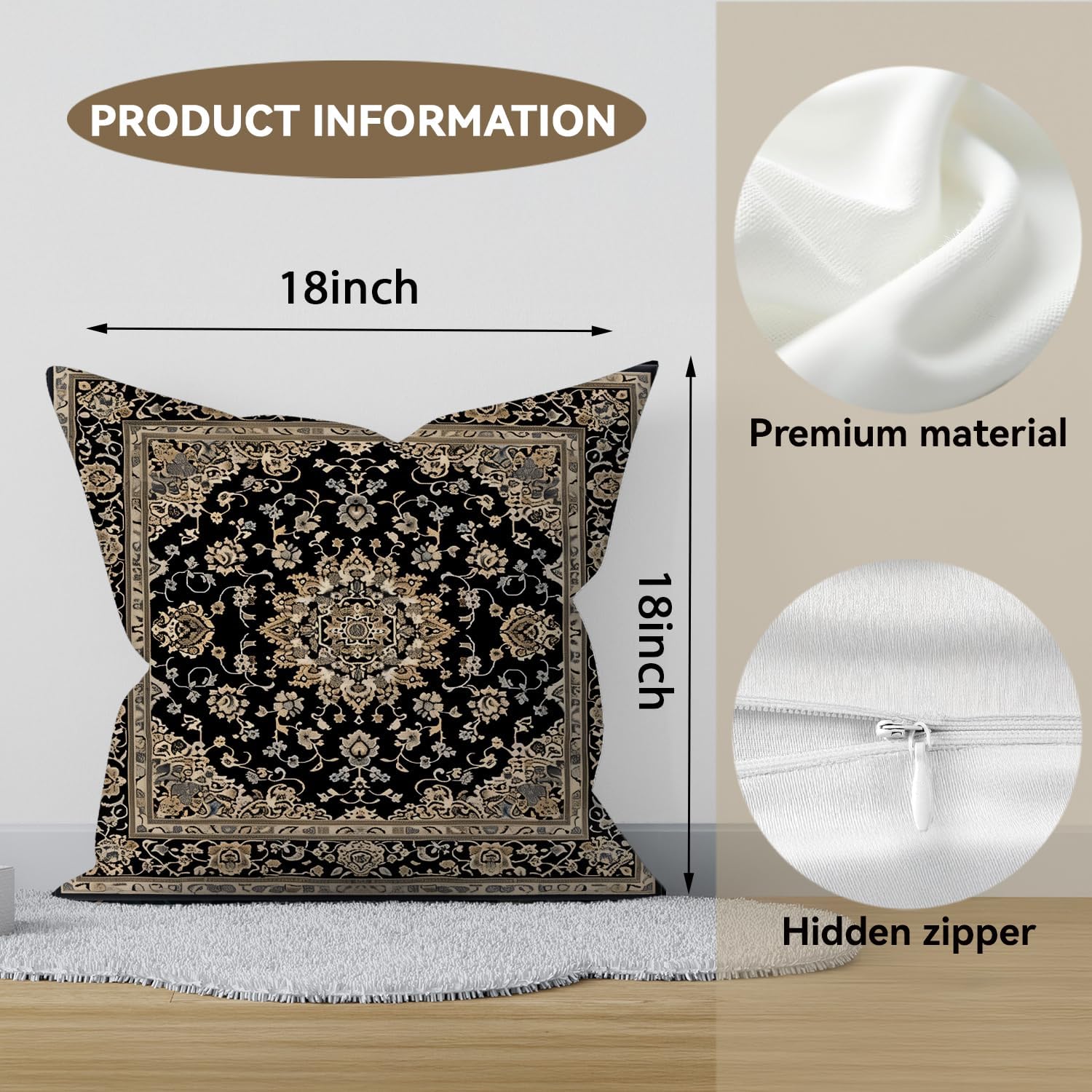 Vintage Boho Floral Print Throw Pillow Cover 18x18 - Brown, Black - Retro Rust Floral Decor Pillowcase | Indoor Outdoor Cushion Case for Sofa Bed Living Room Bedroom Home (Beige&Black, 18x18inch)