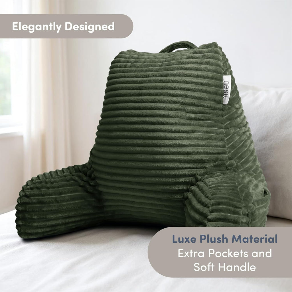 Nestl Reading Pillow with Shredded Memory Foam, Luxe Cut Plush Back Pillow for Sitting Up in Bed, Back and Arms Adjustable Support for Adult & Teens, Backrest Pillows with Washable Cover Olive Green