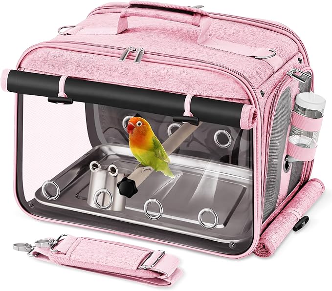 Suertree Bird Carrier Airline Approved, Bird Travel Cage with Indestructible Stainless Steel Mesh, Bird Travel Bag Lightweight and Portable with Water Bottle and Bowl