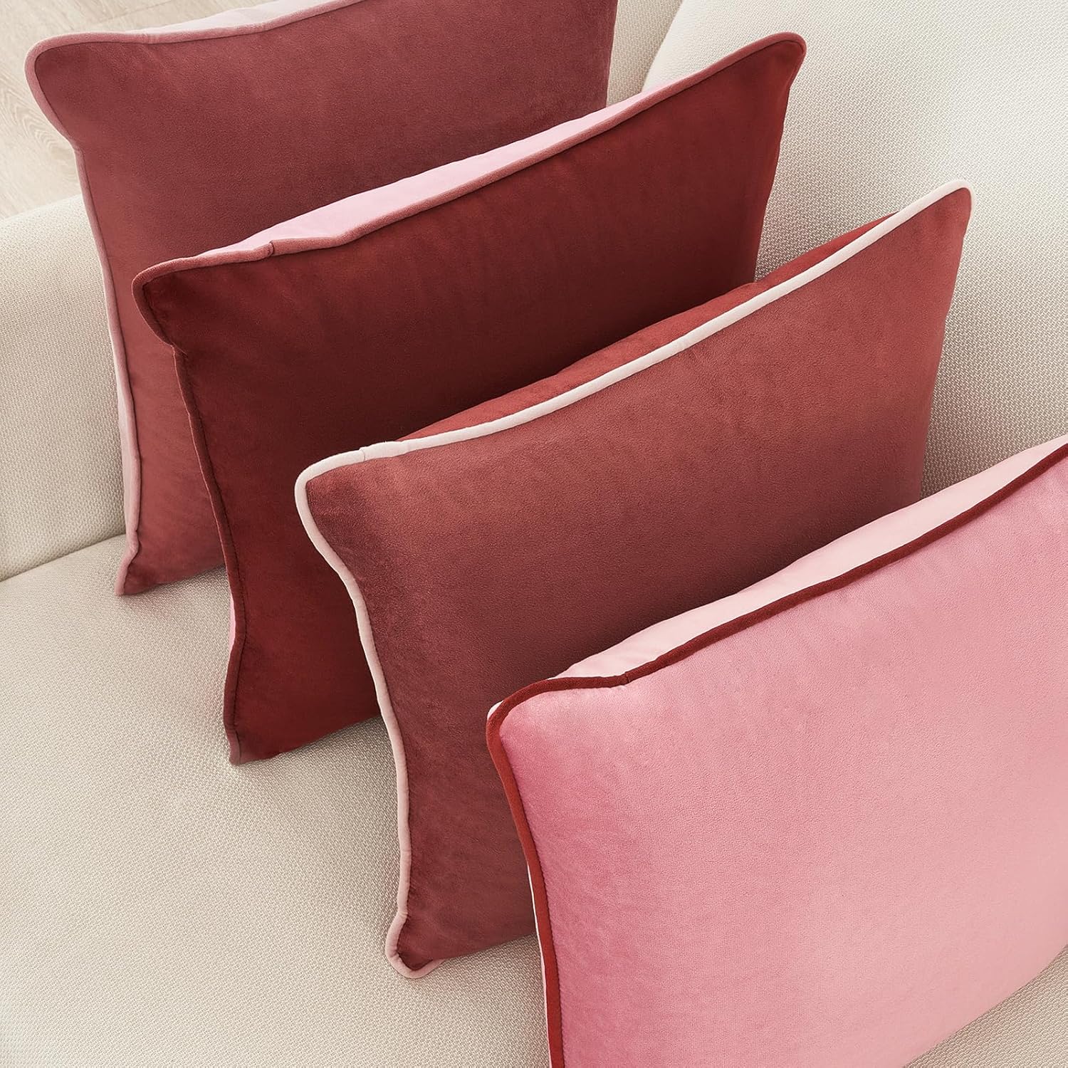 MONDAY MOOSE Decorative Throw Pillow Covers Cushion Cases, Set of 4 Soft Velvet Modern Double-Sided Designs, Mix and Match, Pillow Inserts Not Included (18x18 inch, Pink/Dark Pink)