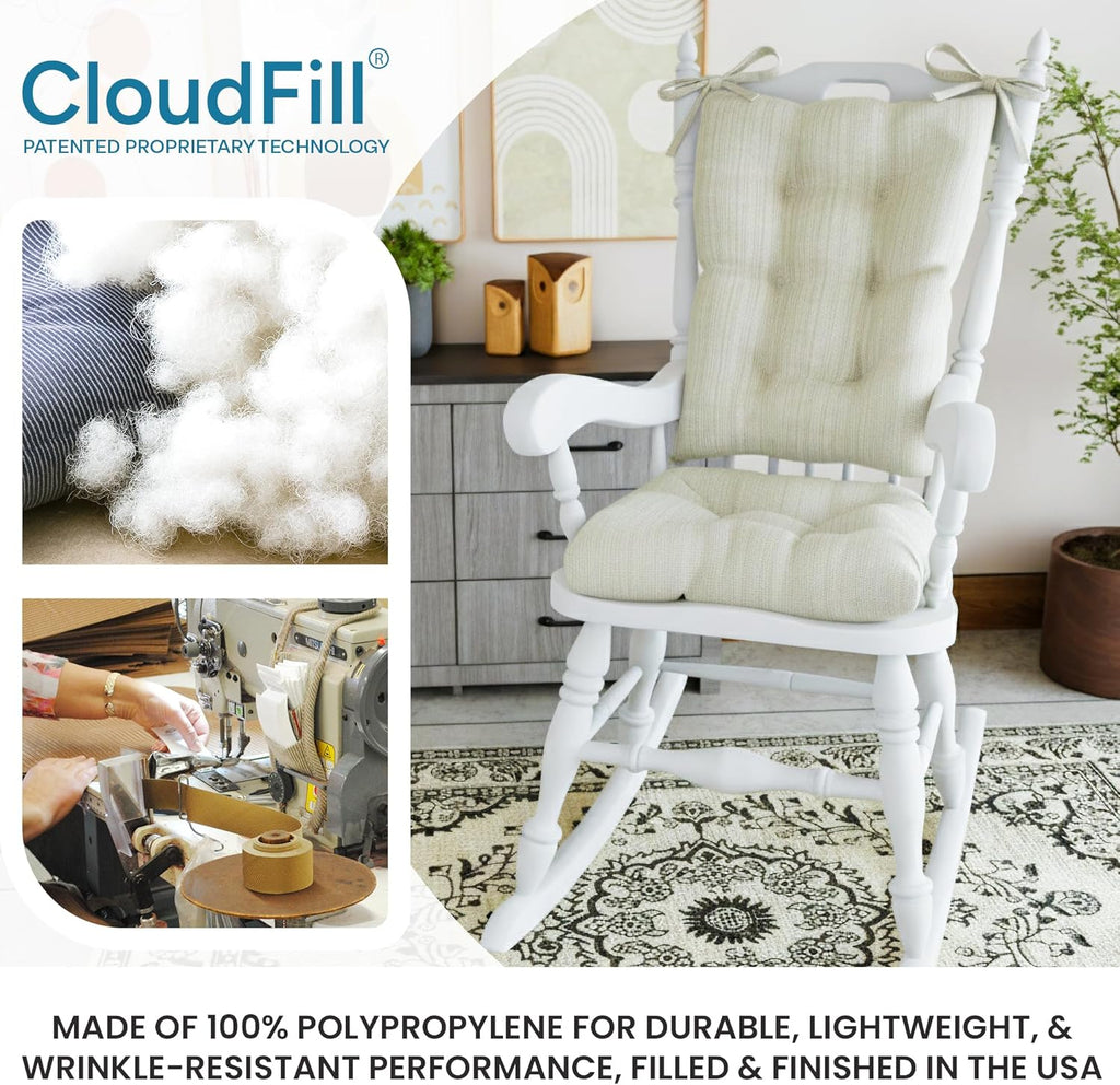Klear Vu Omega Non-Slip Rocking Chair Cushion, Assembled in USA, Thick Tufted Design, Includes Seat Pad & Back Pillow with Ties, 17x17 Inches, 2-Piece Set, Solid Ivory