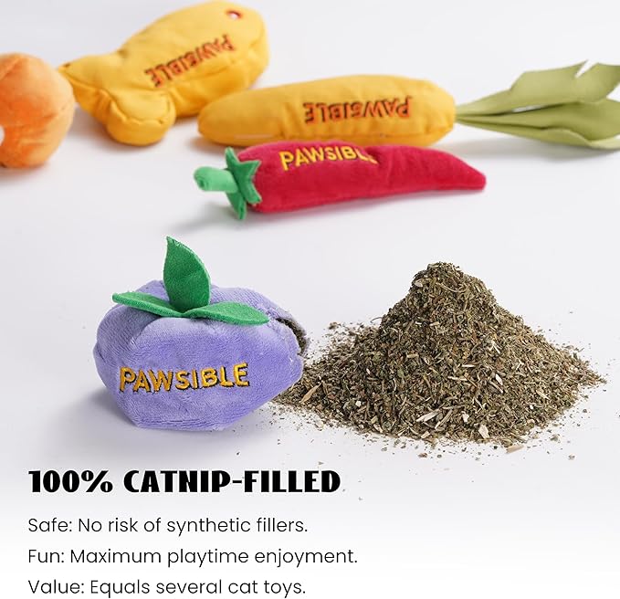 5 Pack Catnip Toys for Indoor Cats - 100% Organic Catnip Filled, No Cotton, Durable Teething Kicker Toys for Kittens, Food-Shaped Plush Chew Toys