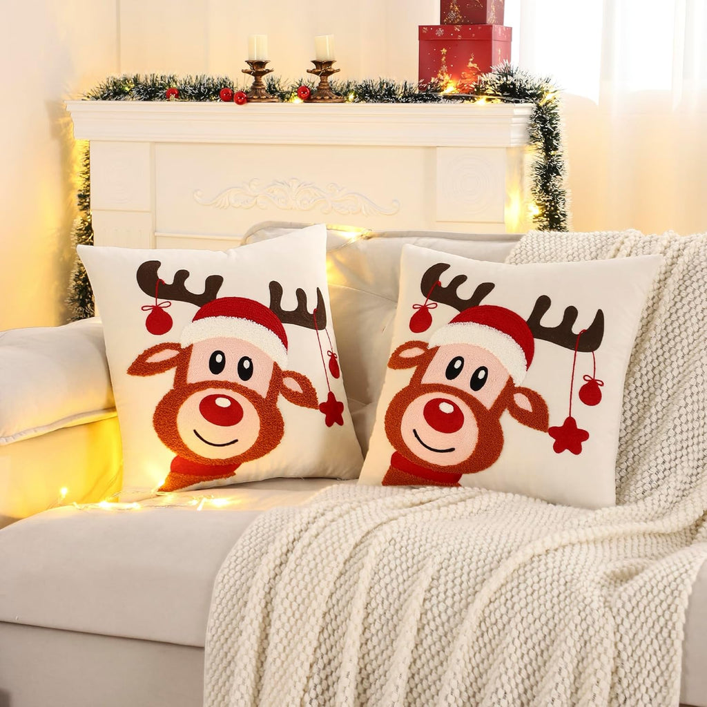 LUOYEHK Christmas Pillow Covers 18x18 Set of 2 Cute Reindeer Decorative Beige Pillow Cases Winter Holiday Velvet Embroidered Cushion Covers for Couch Sofa Bed