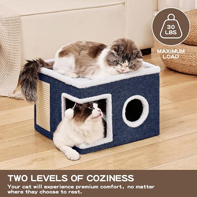 Cat Beds for Indoor Cats, Large Cat Cave with Fluffy Ball and Scratch Pad, Foldable Cat Scratch House with Hideaway Condo for Kitten,16x16x13inch,Blue