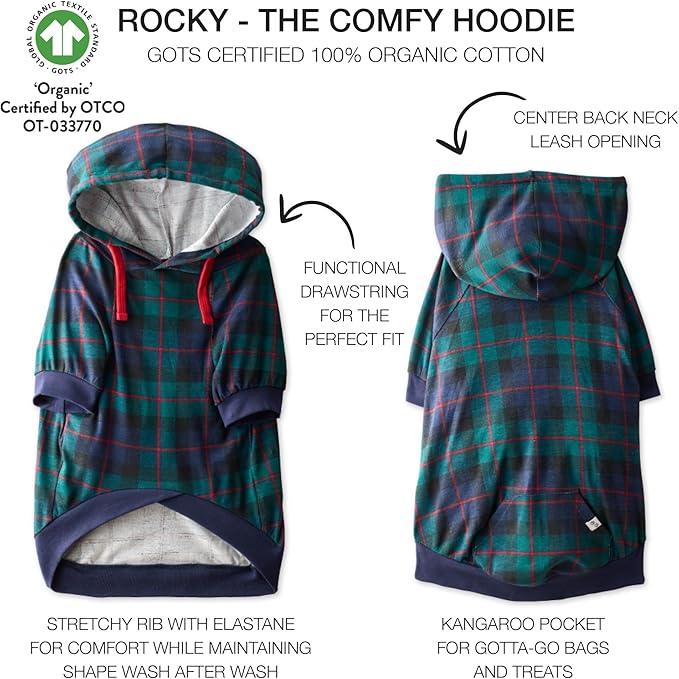 Rocky – The Orginal Lightweight Hooded TEE 100% Organic Cotton Dog Hoodie Pet Coat Sweater for Small, Medium, Large Dogs, Black Watch Plaid, Small (10-25 lbs)