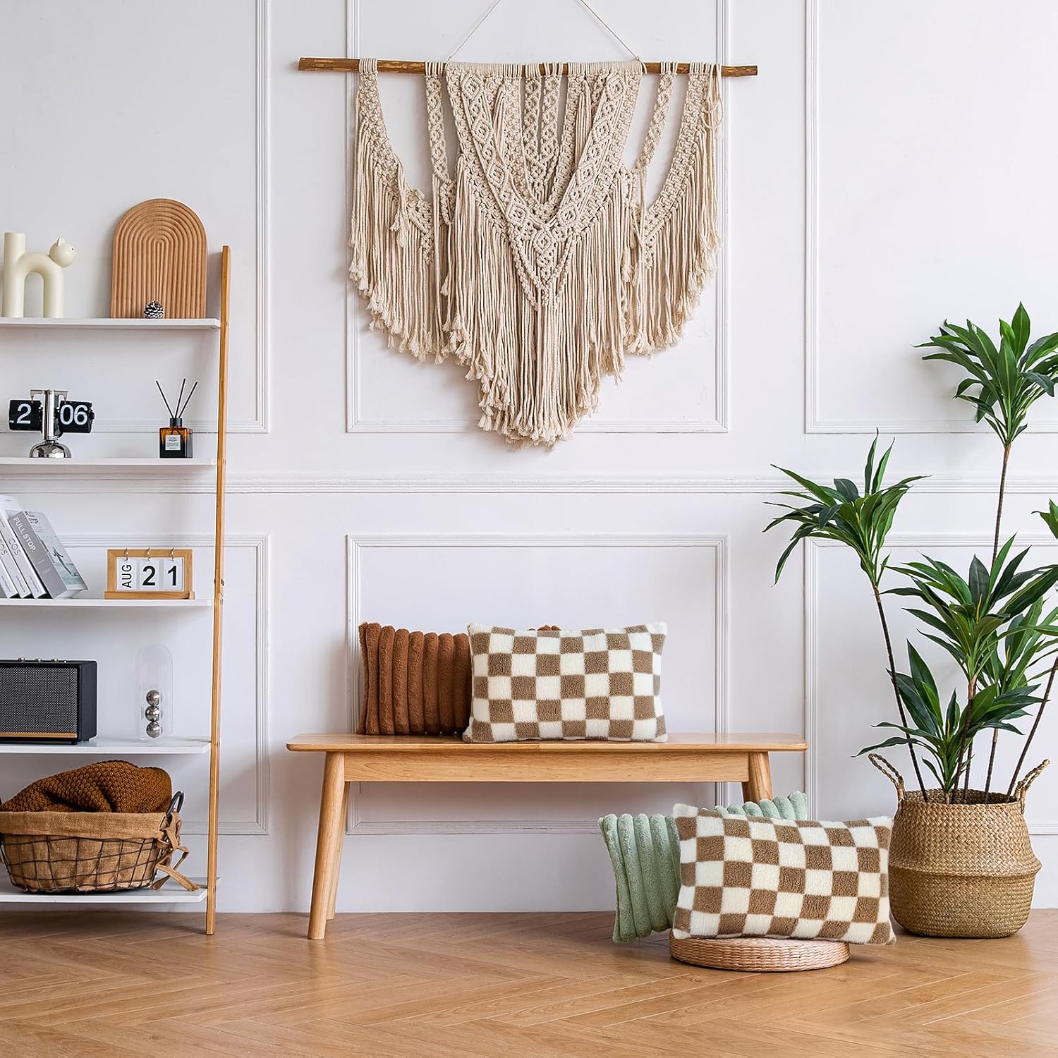 AmHoo Pack of 2 Decorative Throw Pillow Covers Checkerboard Luxury Super Soft Faux Fur Wool Set Case Cushion for Couch Sofa Bedroom 12 x 20-Inch Camel