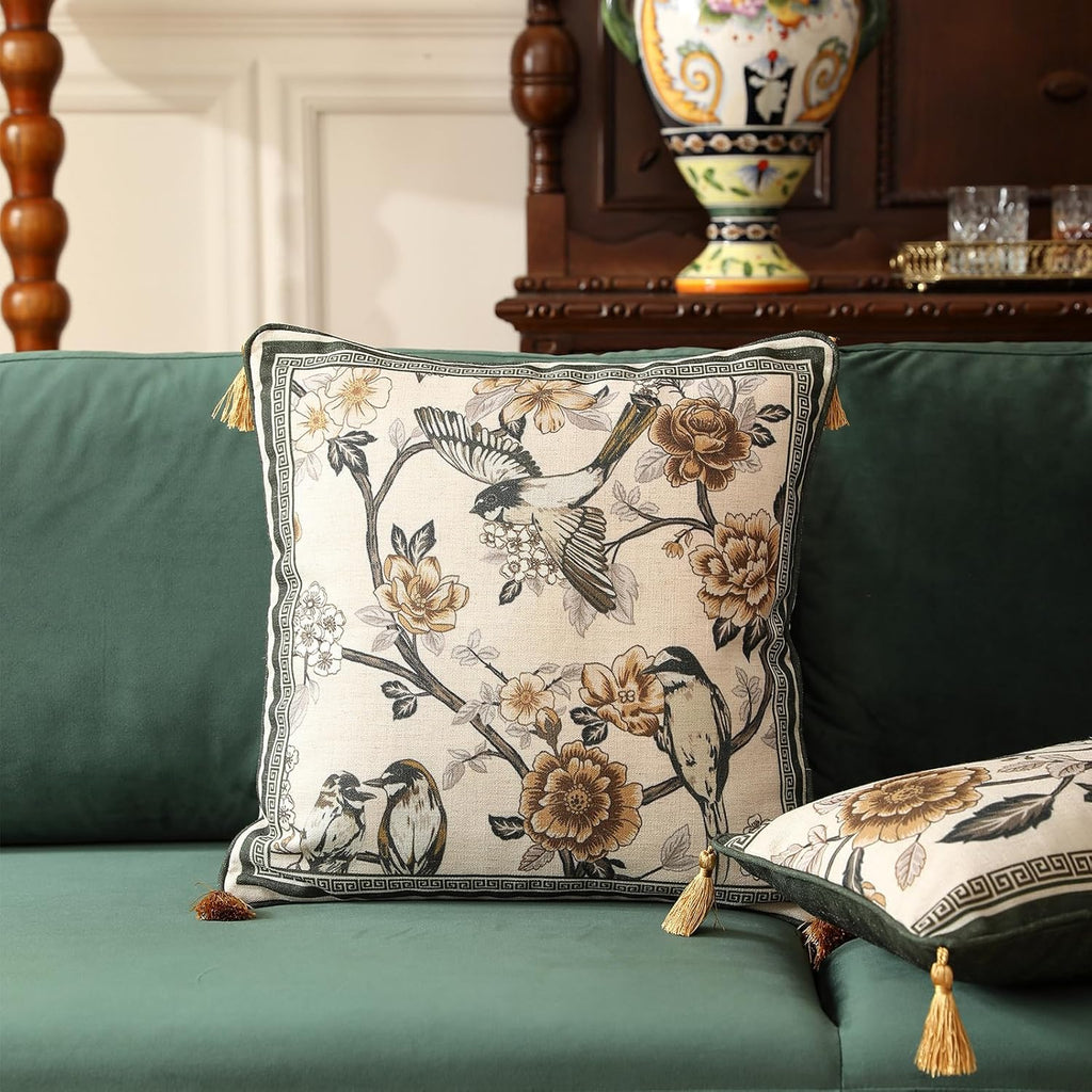 ISAENNE Design Linen Chinoiserie Square Throw Pillow Covers 18"x18", Farmhouse Cushion Covers with Yellow Floral Birds Pattern Decoration Pillowcases for Bed,Living Room,Outdoor,Car