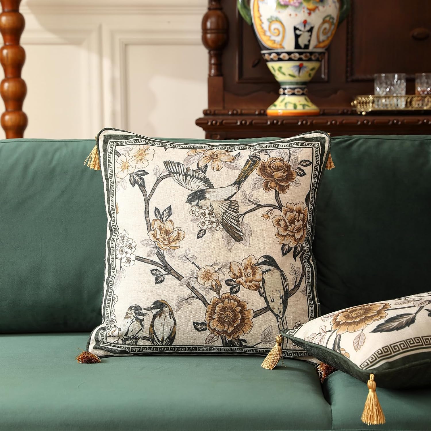 ISAENNE Design Linen Chinoiserie Square Throw Pillow Covers 18"x18", Farmhouse Cushion Covers with Yellow Floral Birds Pattern Decoration Pillowcases for Bed,Living Room,Outdoor,Car