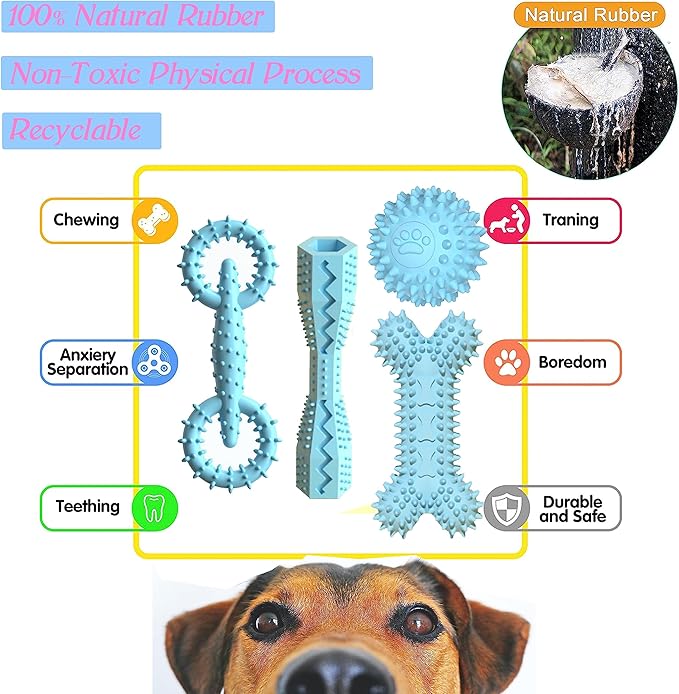 4 Pack Puppy Teething Toys 0-6 Months Dog Chew Toy Cute Rubber Bone,Teeth Clean Ball,Interactive Donut,Treat Dumbbell for Small Dogs(Blue)