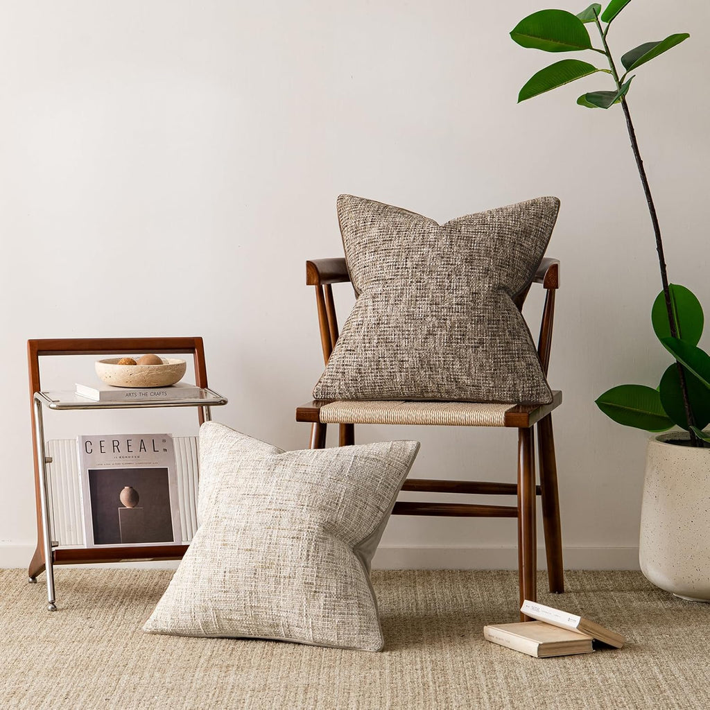 a moment Brown Reversible Pillow Covers 2 Pack - Farmhouse Chenille Throw Pillows, Neutral Textured Decorative Throw Pillow Covers with Border for Couch Sofa Bed (20x20 Inch, No Insert)