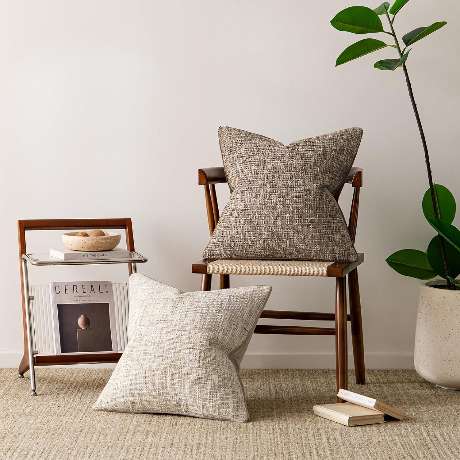 a moment Brown Reversible Pillow Covers 2 Pack - Farmhouse Chenille Throw Pillows, Neutral Textured Decorative Throw Pillow Covers with Border for Couch Sofa Bed (20x20 Inch, No Insert)