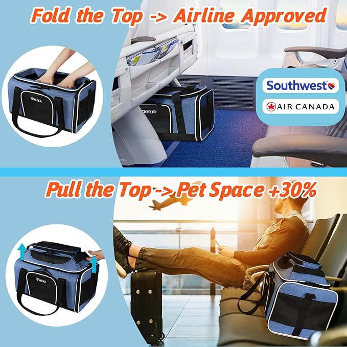 Petskd Top-Expandable Pet Carrier 18x13x9.5 Inches Southwest Airline Approved, Soft-Sided Carrier for Small Cats and Dogs with Locking Safety Zippers and Anti-Scratch Mesh(Blue)