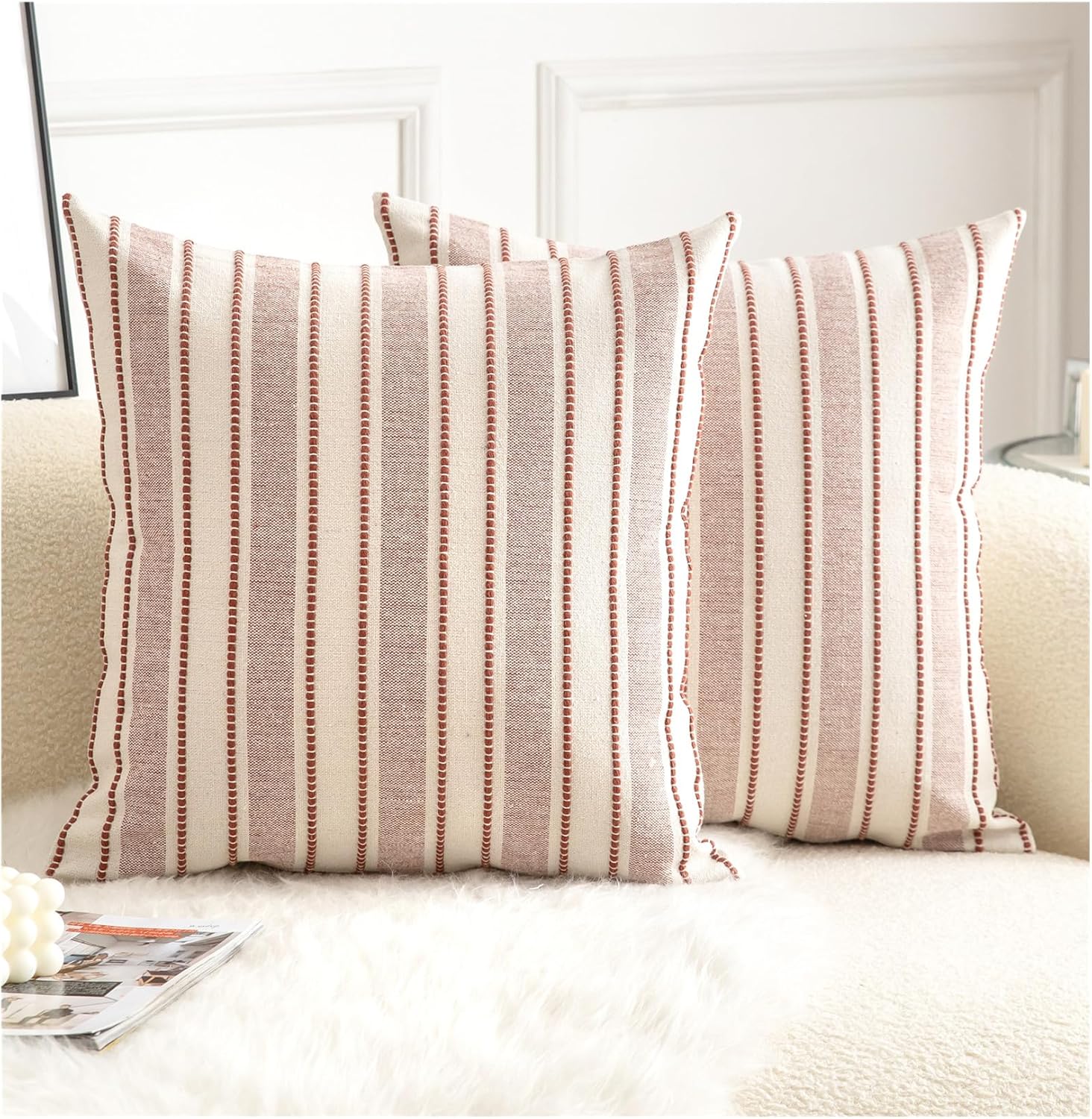 Decorative Boho Throw Pillow Covers, Farmhouse Textured Pillow Case, 20 x 20 Inch Set of 2, Chair Sofa Bedroom Living Room Home Decor Couch Cushion Case, Rust and Beige Striped