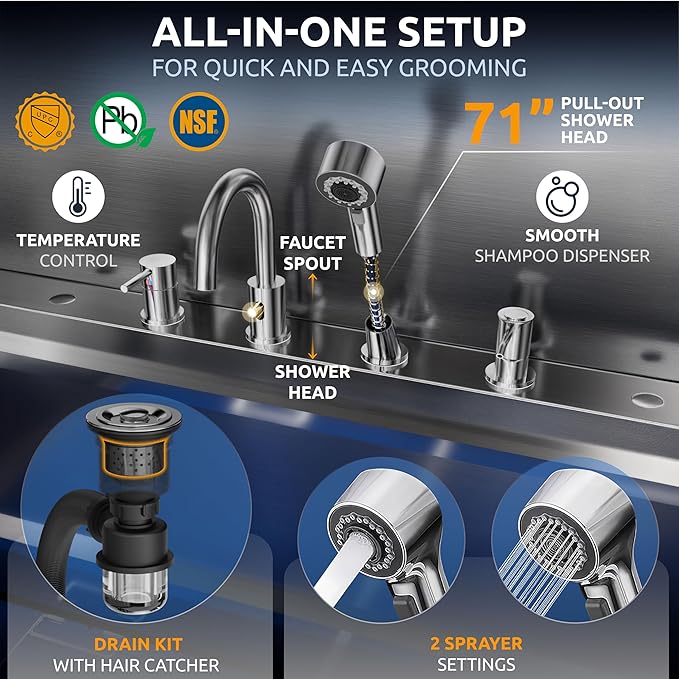 KANIS Professional Dog Washing Station - 304 Stainless Steel Pet Wash Sink & Grooming Bathtub w/Shower, Floor Grates and Storage for Large, Medium & Small Pets (40", Shelf - Right Ramp)