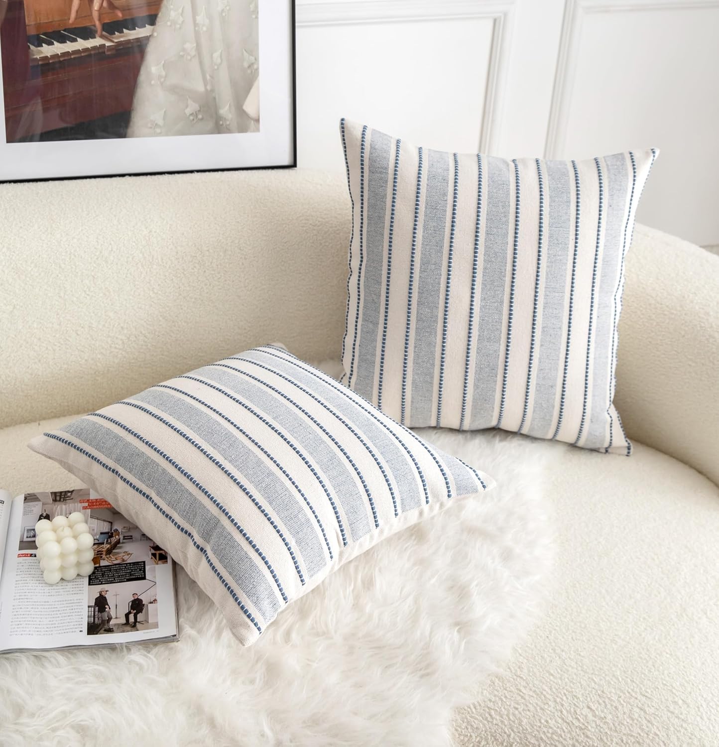 Decorative Boho Throw Pillow Covers, Farmhouse Textured Pillow Case, 18 x 18 Inch Set of 2, Chair Sofa Bedroom Living Room Home Decor Couch Cushion Case, Classic Blue and Beige Striped