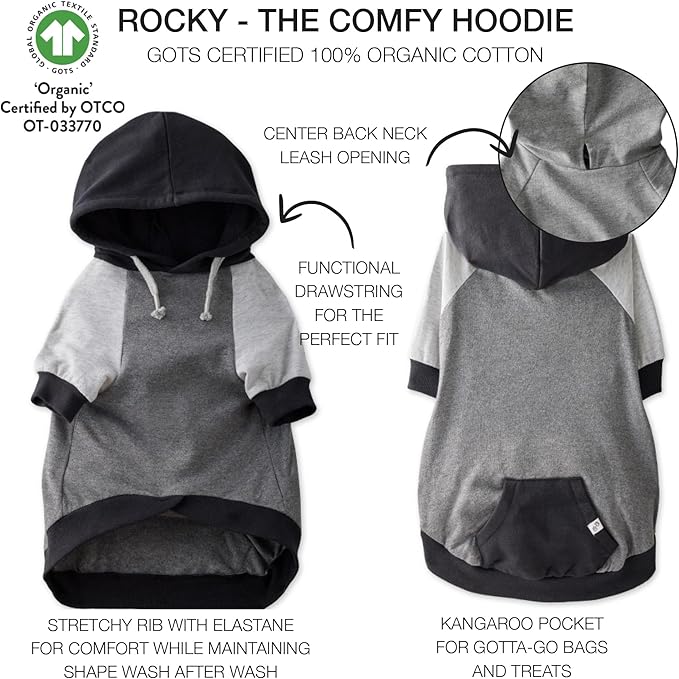 Rocky – The Orginal Lightweight Hooded TEE 100% Organic Cotton Dog Hoodie Pet Coat Sweater for Small, Medium, Large Dogs, Black Color Block, X-Small (5-12 lbs)