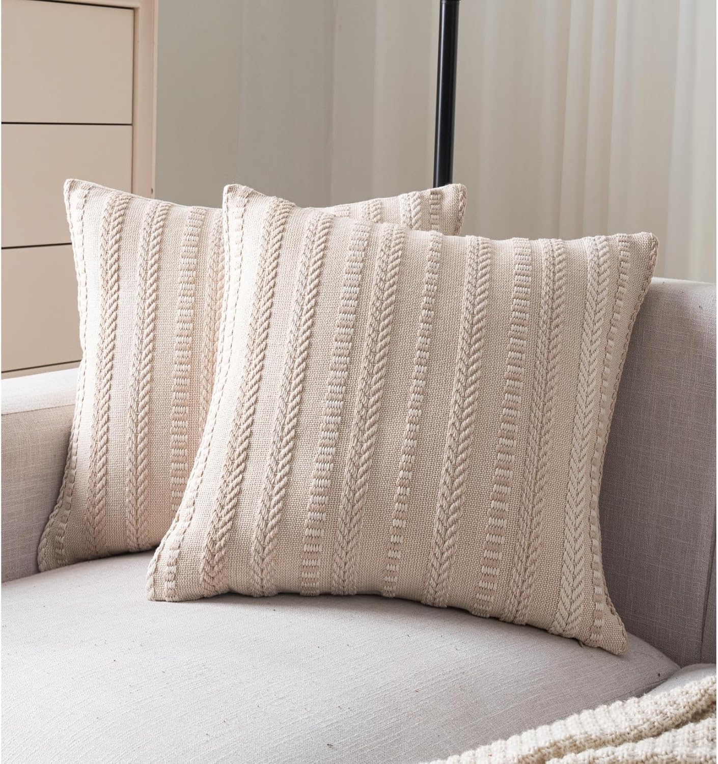 Boho Throw Pillow Covers 18x18 Inch Set of 2, Farmhouse Decorative Couch Pillow Cases, Beige Accent Pillows of Bed, Sofa Bedroom Living Room Home Decor Cushion Cover